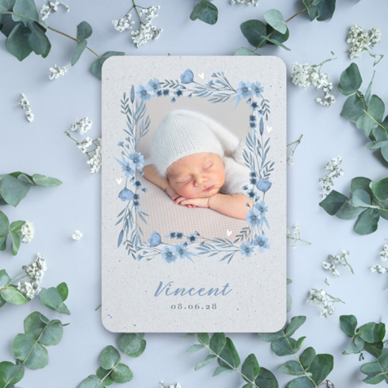 Geboortekaartje Blauwe bloemen en foto
