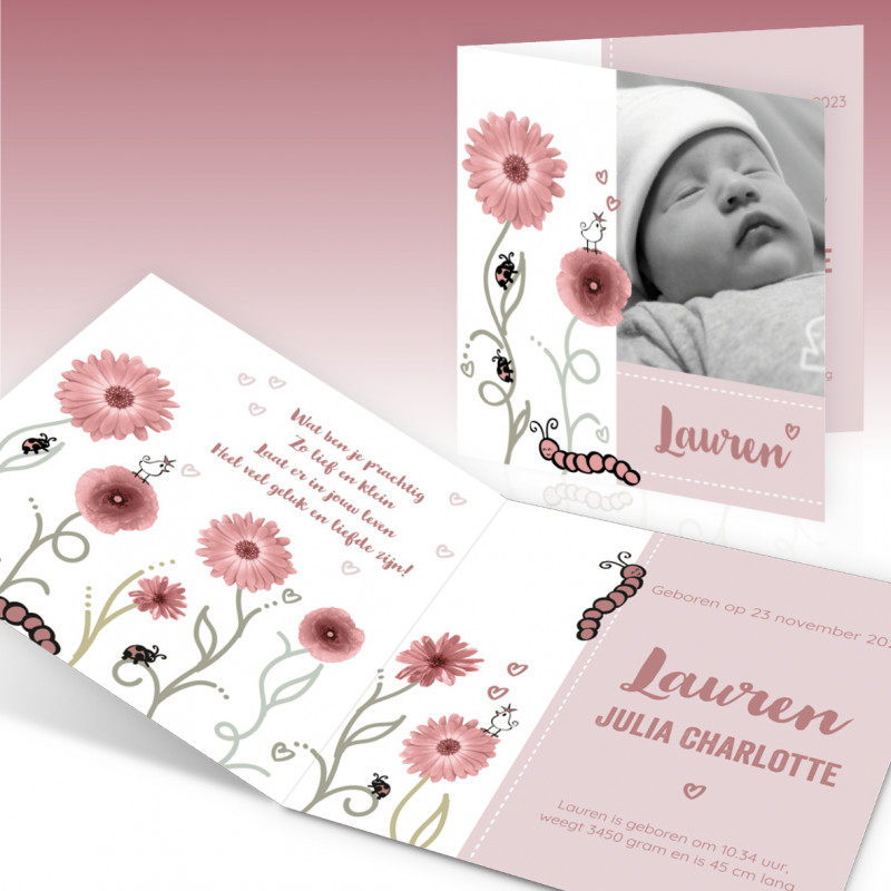Geboortekaartje foto en bloemen