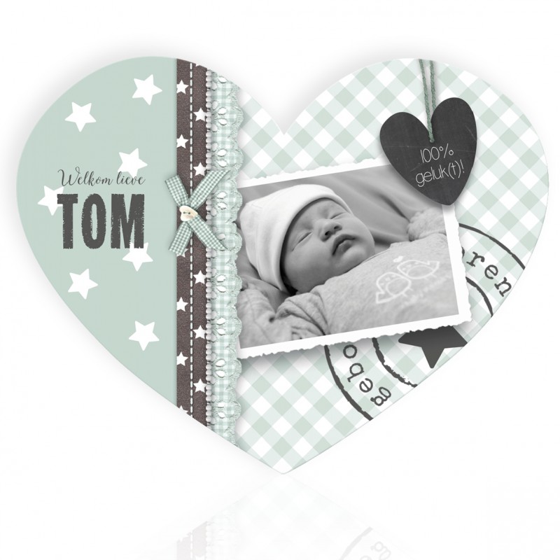 Geboortekaartje Grijsgroen hart met foto