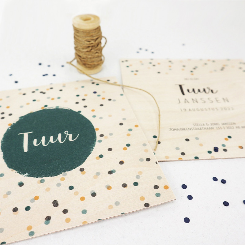 Geboortekaartje Houten kaart confetti Geboortekaartje Houten kaart confetti