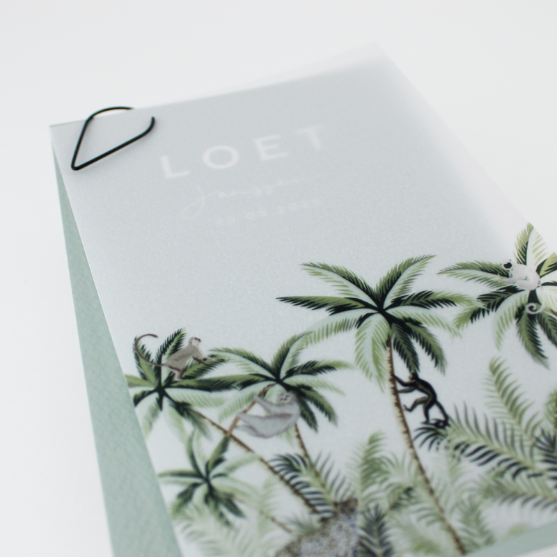 Geboortekaartje Kalkpapier jungle aapjes Geboortekaartje Kalkpapier jungle aapjes