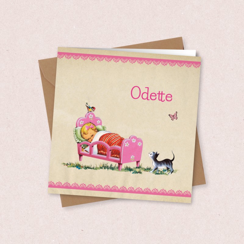Geboortekaartje Meisje in roze bedje Geboortekaartje Meisje in roze bedje
