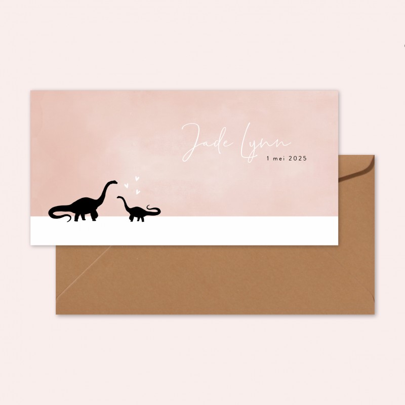 Geboortekaartje Roze kaartje met dino's