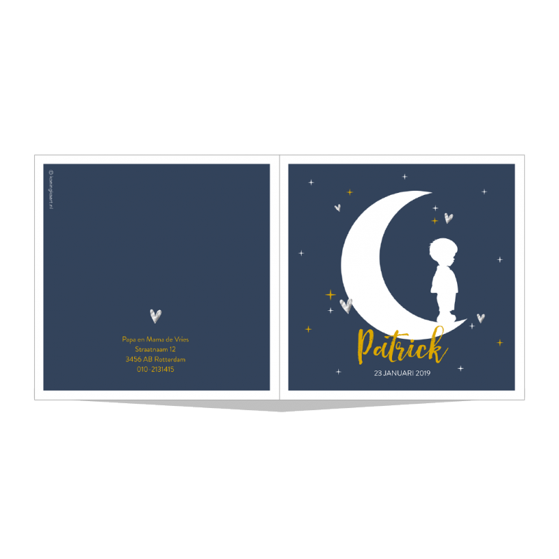Geboortekaartje Silhouet jongentje op maan