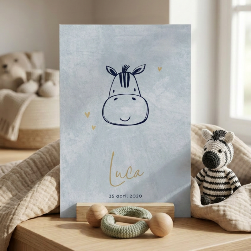 Geboortekaartje Stoer blauw met zebra