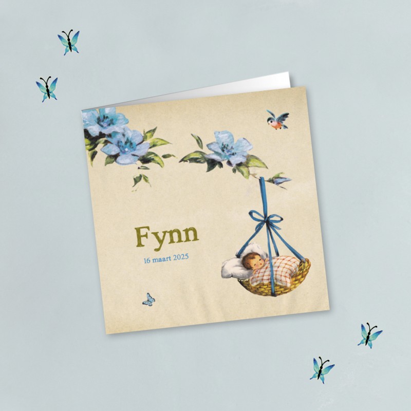 Geboortekaartje Vintage wiegje met bloemen Geboortekaartje Vintage wiegje met bloemen