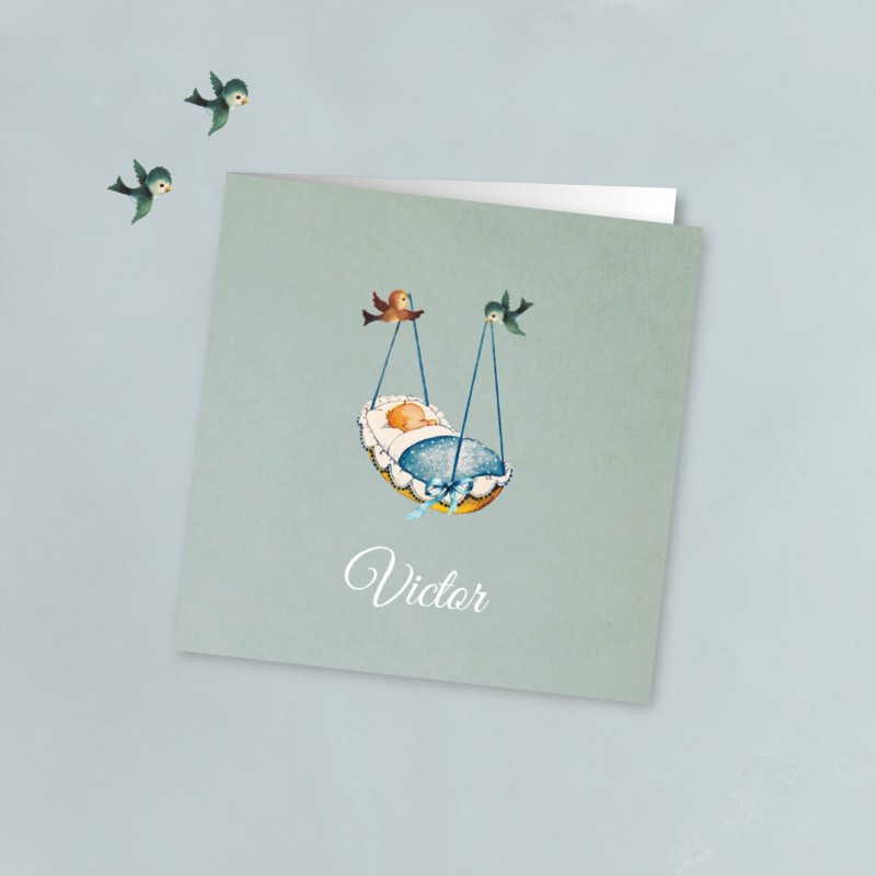 Geboortekaartje Vogels met blauw wiegje Geboortekaartje Vogels met blauw wiegje