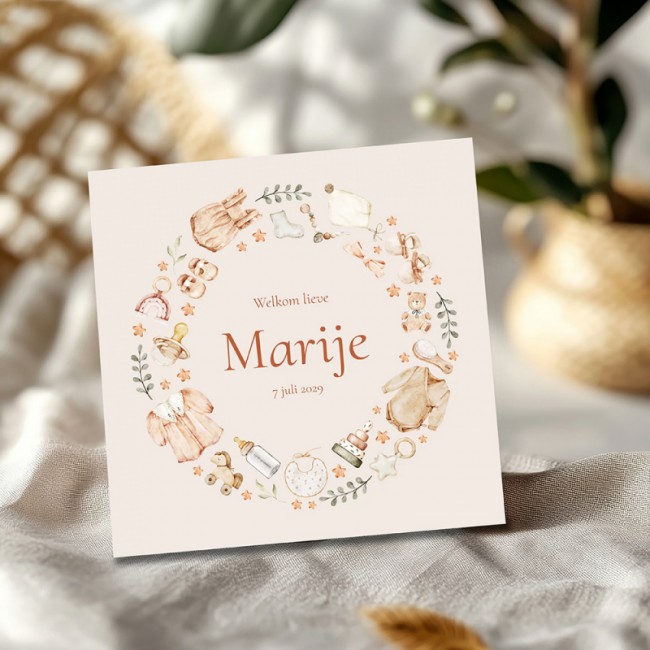 Geboortekaartje Baby illustraties in beige